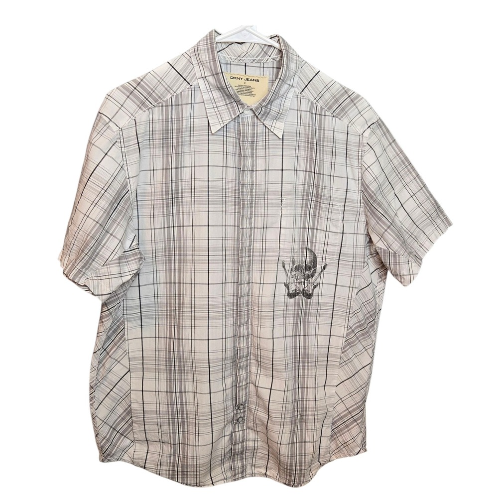 DKNY Jeans Plaid Skull Graphic Short‎ Sleeve Button Up Shirt Mens Medium